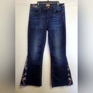 Driftwood Women's Dark Blue Boho Flare Jeans with Floral Embroidery